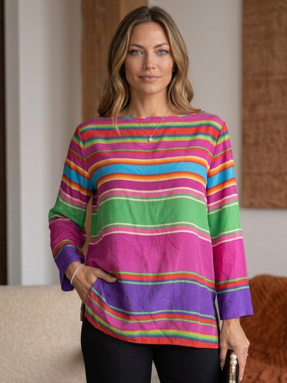 Silk RALPH LAUREN Colorful Bold Striped Blouse Top Size XL